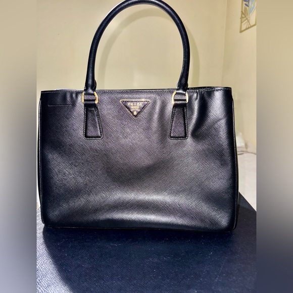 Prada Handbags - PRADA Black Saffiano Lux Leather Satchel with Gold Hardware